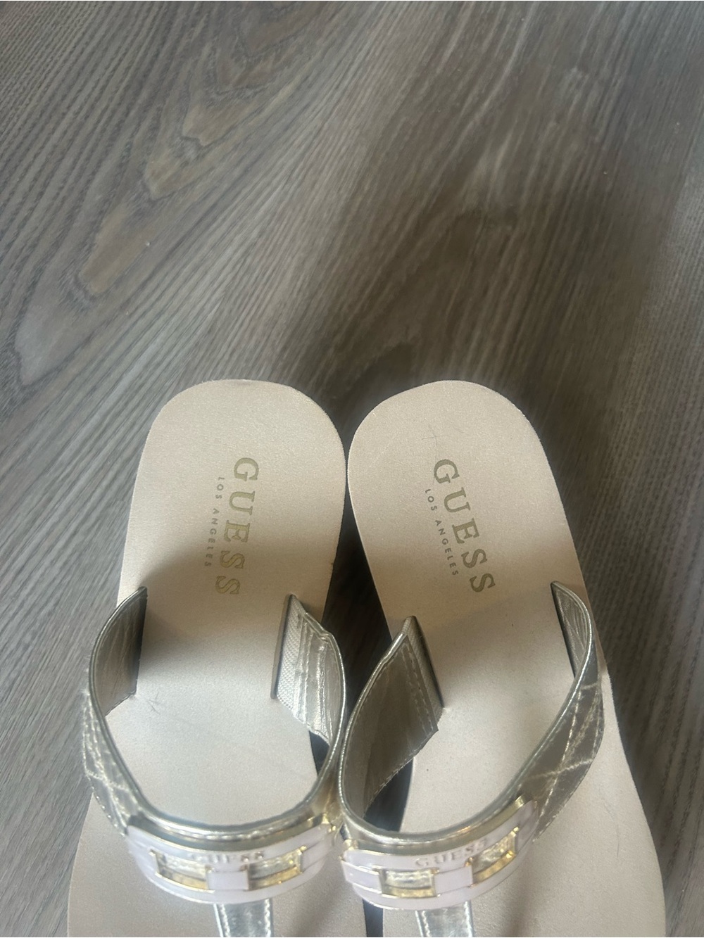 GUESS Metallic Gold Thong Sandals with Logo Accent - Picture 2 of 5